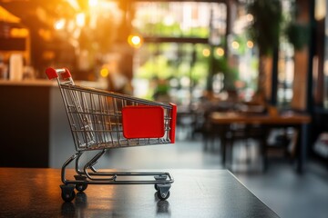 Shopping Cart on a Table in a Cozy Cafe with Warm Lighting and Blurred Urban Background, Perfect for Illustrating Consumer Experience and Retail Concepts