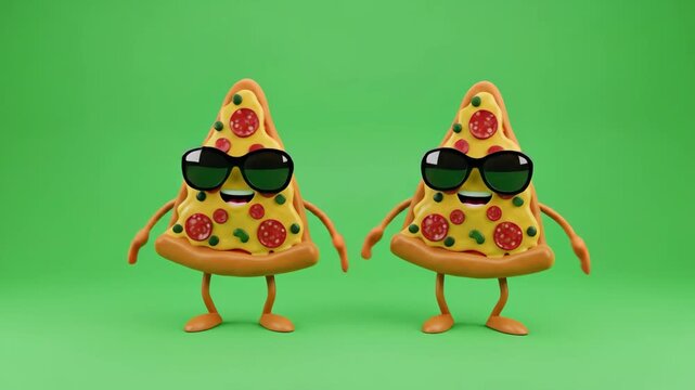 Funny Happy Dancing Pizza Slice Characters - Two cheerful 3D cartoon pizza slices, wearing sunglasses, joyfully dance against a green screen background.