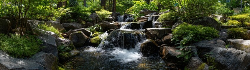 Fototapeta premium Tranquil garden stream cascading over rocks
