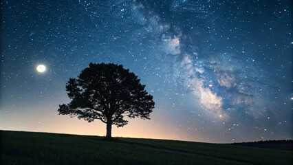 Solitary tree silhouetted against starry night sky with visible Milky Way galaxy and full moon shining brightly.