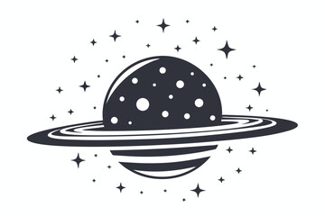 Stylized Black Planet Silhouette with Rings and Star Accents on White Background