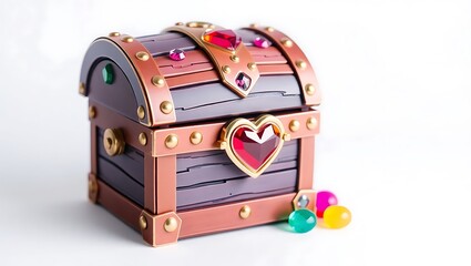 A whimsical 8-bit treasure chest with heart-shaped lock and candy-colored gems, sparkling cutely on a white backdrop