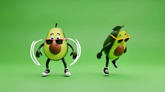 Funny Funky Avocado Breakdancers - Two 3D cartoon avocados, wearing sunglasses, are breakdancing against a vibrant green screen background.
