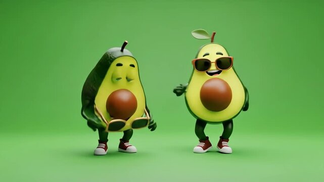 Funny Cool Avocado Breakdancers - Two 3D cartoon avocados, wearing sunglasses and sneakers, perform breakdancing moves against a vibrant green background.