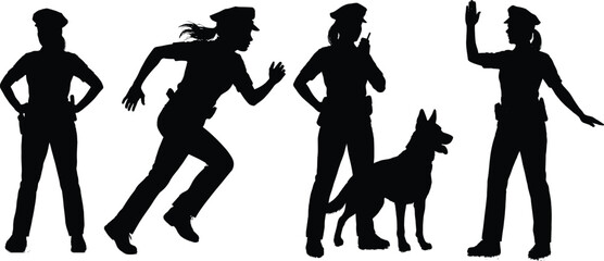 Obraz premium Silhouettes of female police officers in action with k9 unit officer and patrol dog silhouette