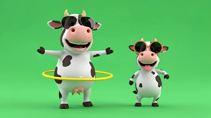 Funny Happy Dancing Cows with Sunglasses - Two cheerful 3D cartoon cows, wearing sunglasses, joyfully dance against a green screen. One cow uses a hula hoop. - Powered by Adobe