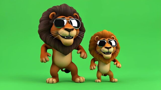 Funny Cool Dancing Cartoon Lions - Two 3D cartoon lions, wearing sunglasses, playfully dance together against a vibrant green screen background.