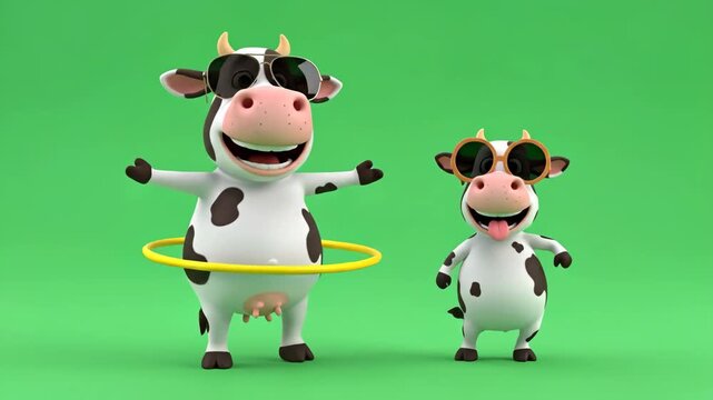 Funny Happy Dancing Cows with Sunglasses - Two cheerful 3D cartoon cows, wearing sunglasses, joyfully dance against a green screen. One cow uses a hula hoop.