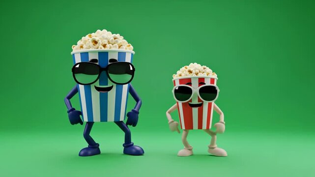 Funny Funky Popcorn Bucket Characters Dancing - Two cheerful 3D cartoon popcorn buckets, one blue and one red, wearing sunglasses and dancing against a green screen.