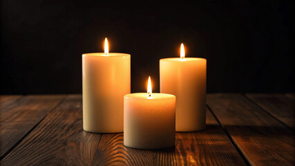 Three cream-colored pillar candles with flickering flames arranged on dark wooden table surface against black background creating intimate ambient lighting.