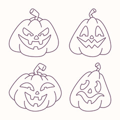 Halloween jack-o-lantern pumpkins outline set, spooky carved faces.