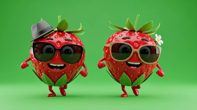 Funny Dancing Strawberry Cartoon Characters - Two cheerful 3D cartoon strawberries, wearing sunglasses and hats, dance together against a vibrant green background.