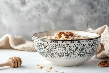 Warm and Nutritious Bowl of Oatmeal with Pecans and Honey on a Light Kitchen Table Surrounded by Casual Table Linen and Soft Textures Perfect for a Healthy Breakfast Concept