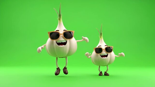Funny Happy Dancing Garlic Cartoon Characters - Two cheerful 3D cartoon garlic characters, wearing sunglasses, joyfully jump and dance against a vibrant green screen background.