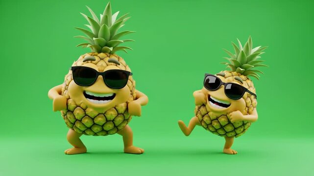 Funny Dancing Pineapple Cartoon Characters - Two cheerful 3D animated pineapple characters, wearing sunglasses, playfully dance against a vibrant green screen background.
