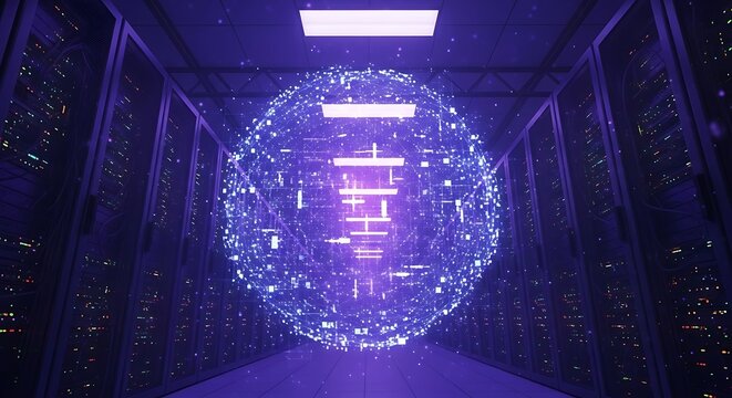 Data Sphere in Server Room - Futuristic Technology Concept.