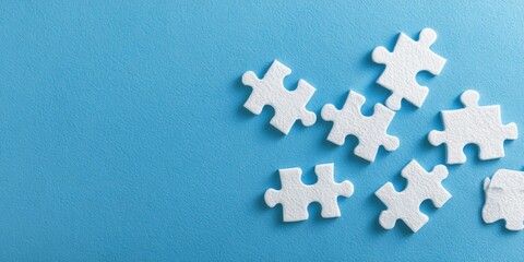 White puzzle pieces scattered on a vibrant light-blue background