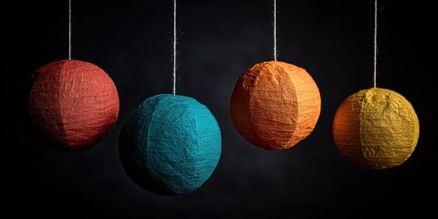 Colorful paper spheres hanging against dark background
