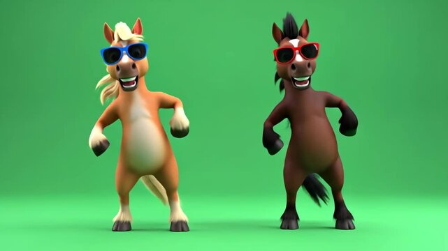 Funny Happy Dancing Cartoon Horses - Two playful 3D cartoon horses, one brown and one light brown, wear sunglasses and joyfully dance against a green screen.