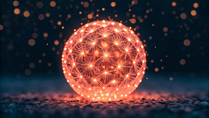 Luminous geometric sphere with intricate glowing patterns and light points creating mandala-like design against dark starry background.