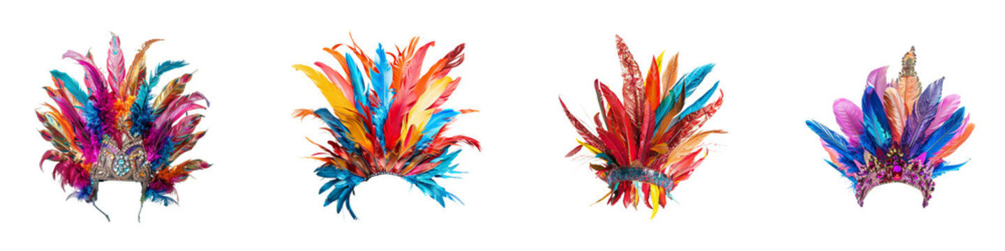 A vibrant collection of ornate feathered headdresses for Carnival or dance performance