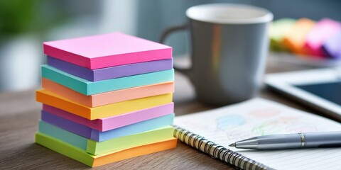 Colorful sticky notes stacked on a wooden desk (2)