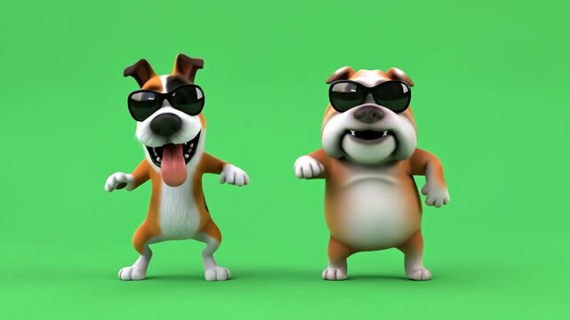 Funny Funky Dancing Dogs 3D Animation - Two adorable 3D cartoon dogs, a Jack Russell and a Bulldog, wear sunglasses and perform a fun, silly dance against a green screen background.