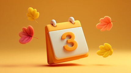 Calendar with number three surrounded by autumn leaves on orange background  