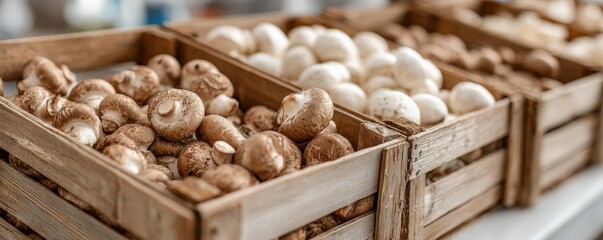 Wooden crates overflowing with brown and white mushrooms