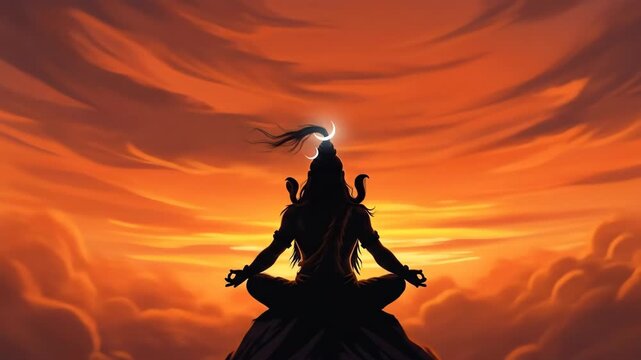 Majestic lord shiva silhouette meditating on mountain peak at fiery sunset symbolizing spiritual power and divine peace