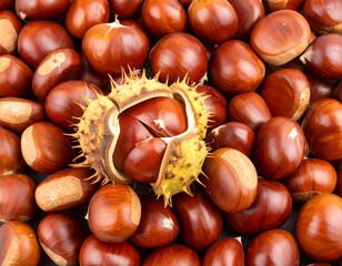 Close-up of many chestnuts, one opened