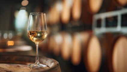 Wine glass on wooden barrel in a wine cellar