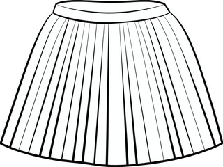 Black and white line drawing of a pleated skirt with a waistband women's clothing garment