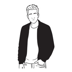 Handsome Man Black and White Illustration Vector Image Male Portrait Fashion Sketch Line Art Design	