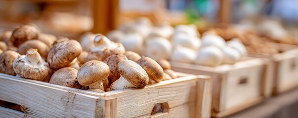 Fresh brown mushrooms in wooden crates at a market