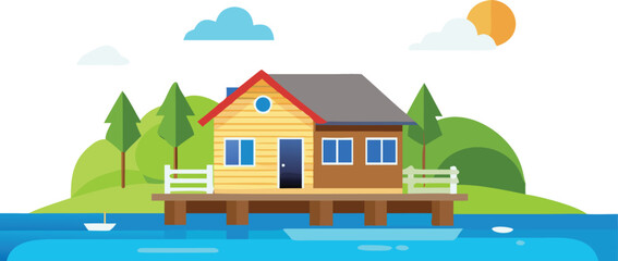 A house by a serene lake, surrounded by lush trees and reflecting the calm water.