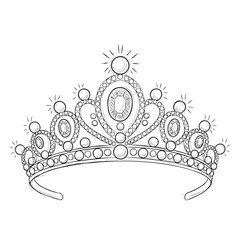 Elegant princess tiara with sparkling jewels and pearls a black and white line art illustration for coloring.