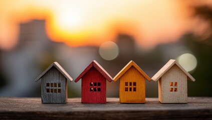 Miniature houses in a row at sunset