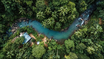 Aerial view of a tropical river winding through lush jungle