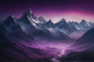 sunrise over the mountains, Fantasy mountain landscape featuring sharp, angular peaks with glowing turquoise highlights.