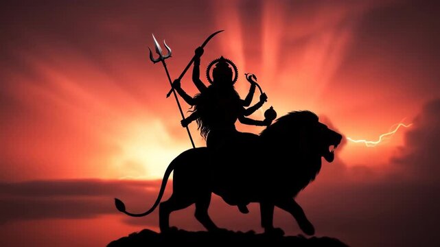 Powerful hindu goddess durga silhouette riding majestic lion against radiant divine sunset sky with lightning symbol of strength and protection