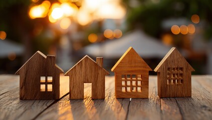 Miniature wooden houses on a table outdoors at sunset