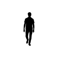 A simple, black silhouette of a man walking, set against a plain white background.