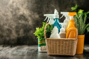 A Collection of Cleaning Supplies in a Basket on a Wooden Table with Green Plants in the Background for Home and Office Cleaning Needs and Organization Tips