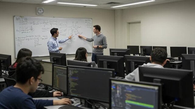 Teacher explaining a concept to students in a computer lab - Powered by Adobe
