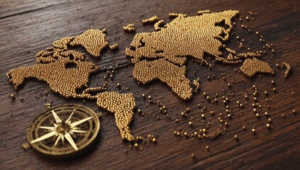Golden world map on wooden surface with compass