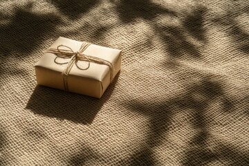Beautifully Wrapped Gift Box with Twine Bow on Rustic Burlap Background, Capturing Natural Light and Shadows for a Cozy Atmosphere