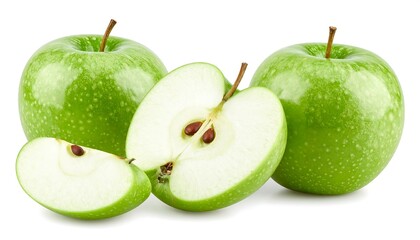 Three vibrant green apples, one whole, one half, and one slice