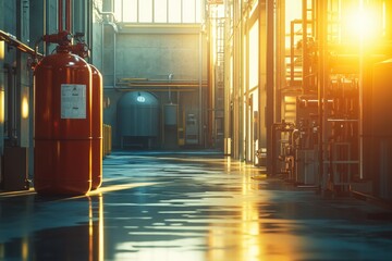 Bright Industrial Hallway with Machinery and Equipment Bathed in Warm Golden Light, Showcasing a Modern and Efficient Manufacturing Environment