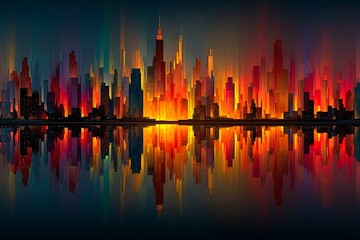 Obraz premium Vibrant cityscape with fiery reflections abstract skyline